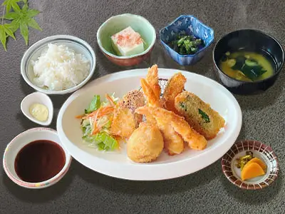 エビフライととうふコロッケ膳/fried shrimp,tofu-cheese-croquette,vegetables,etc