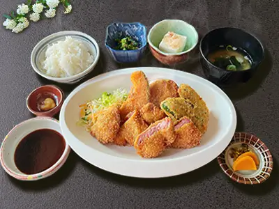 ひれかつ御膳、ヒレカツと野菜の揚げ物、冷奴など/Pork fillet cutlet,vegetables,rice,miso-soup,lunch set