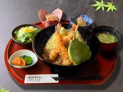 天丼御膳、エビとピーマン、なす、カボチャ、シソの天ぷらに甘い醤油だれをかけています。