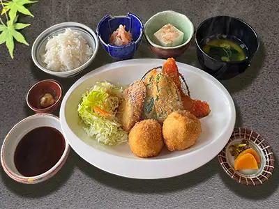 豆腐のチーズコロッケ膳（豆腐のチーズコロッケと野菜揚げのランチセット）/tofu cheese croquette lunch set